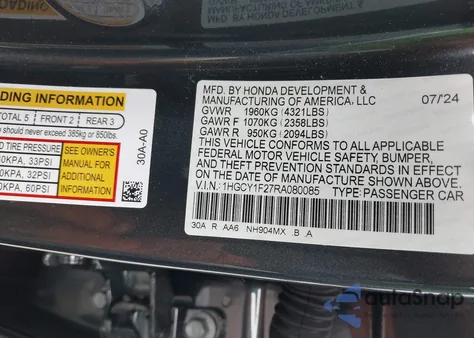 2024 Honda Accord Lx from USA, damaged, VIN 1HGCY1F27RA080085